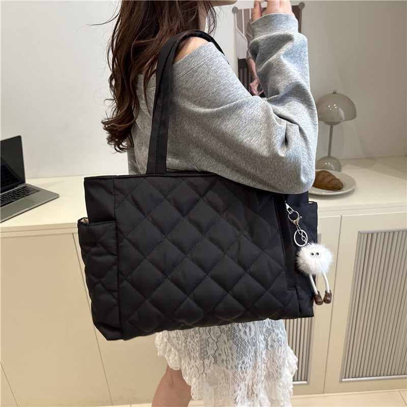 Women's Cotton-Padded Bag New Rhombus Large Capacity Portable Tote Bag Commuter Shopping Shoulder Bag