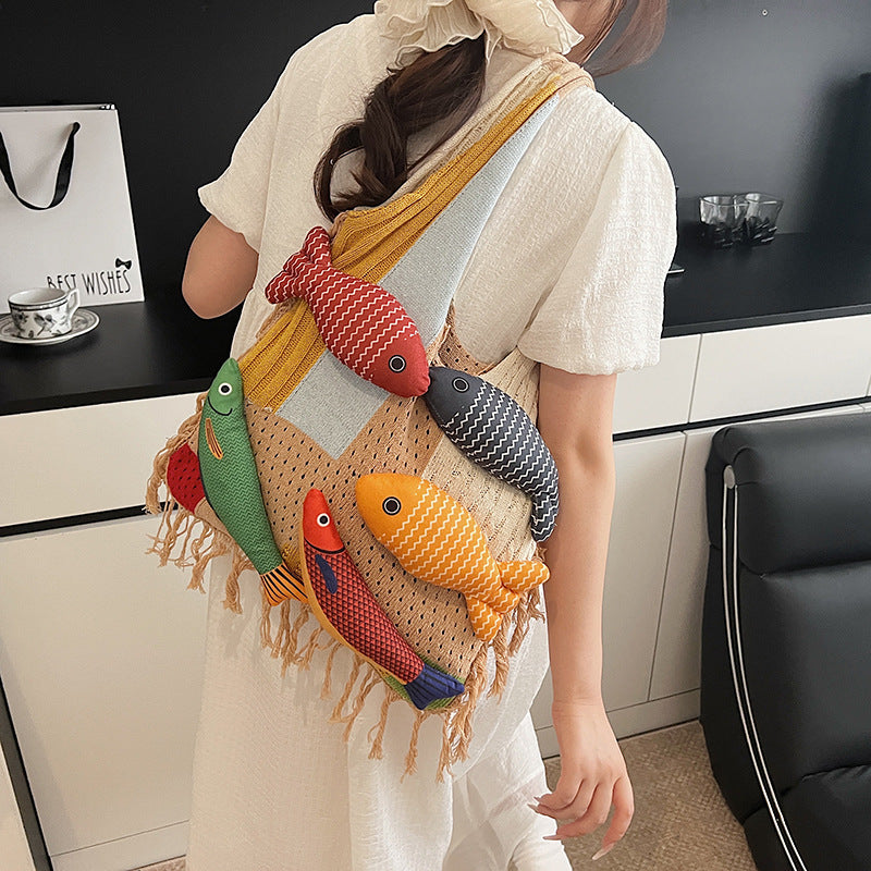 A Plenty Of Fish Handmade Trendy Bag New Women's Fashion Commuter Woven Shoulder Bag