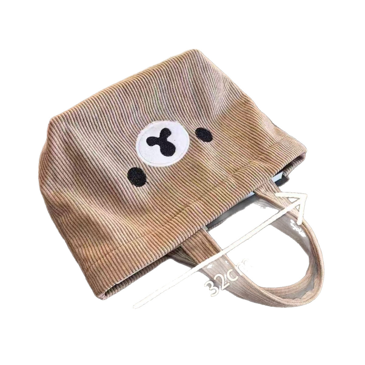 Cute Bear Face Corduroy Tote Bag with Embroidery Design, Soft and Large Capacity for Daily Use
