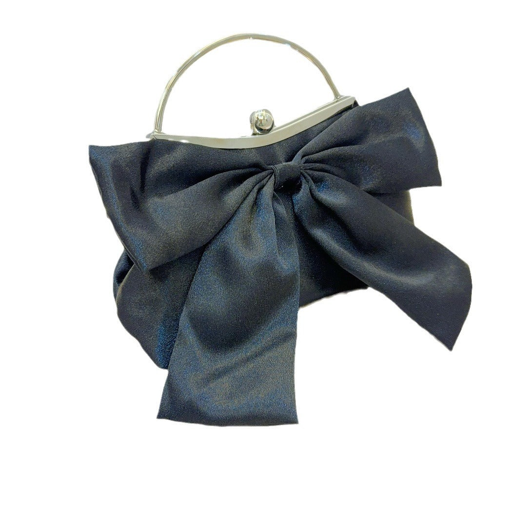 Elegant White Bow Handbag with Metal Handle for Wedding and Evening Events, Soft Satin Design with Inner Pockets