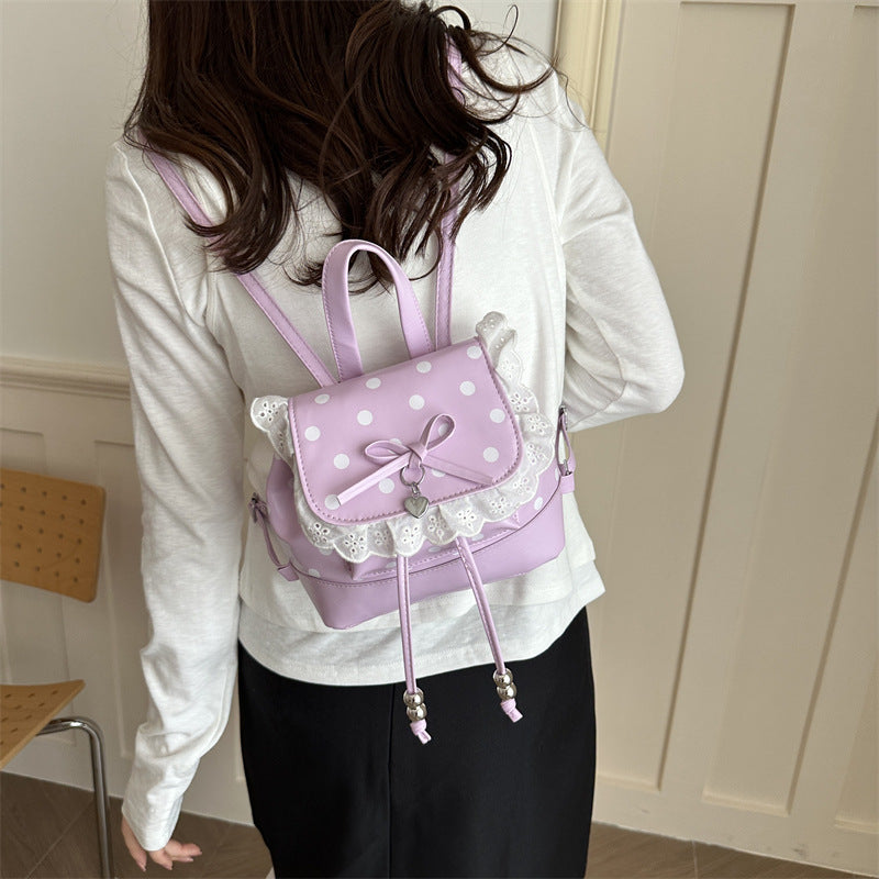 Cute Polka Dot Backpack with Lace Trim and Bow Detail for Girls and Students