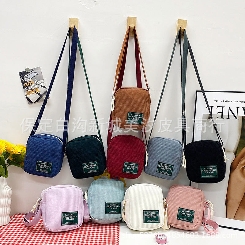 Corduroy Small Square Bag Women's Shoulder Bag Korean Simple Messenger Bag Zipper Closure Strap Mobile Phone Bag