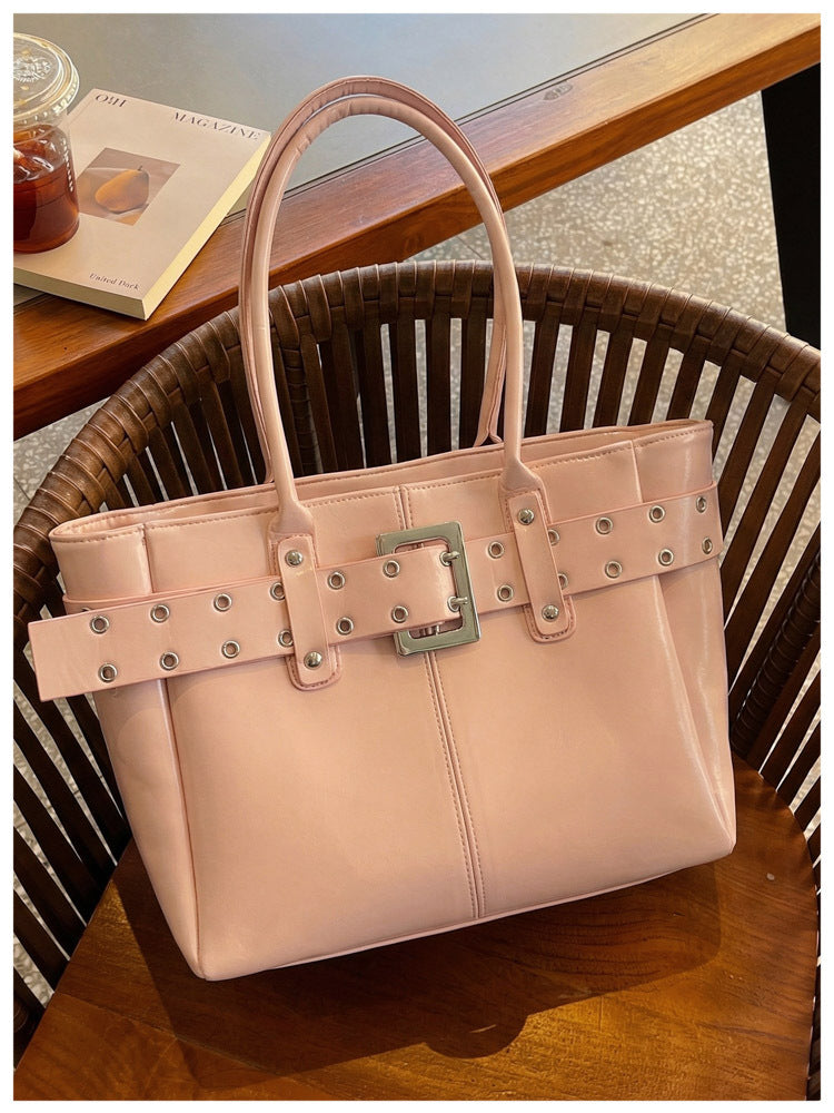 Tote Bag Women's Personality Belt Rivet Button Large Capacity Commuter Korean Style Fashion Simple Shoulder Underarm Handbag