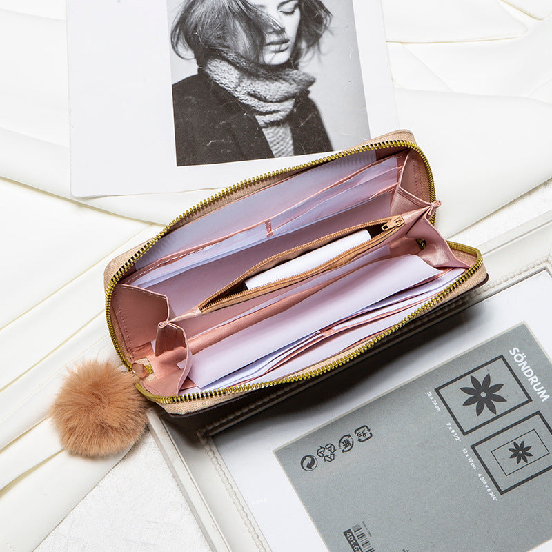 Stylish Long Zipper Wallet with Pom-Pom Charm and Multiple Card Slots for Women