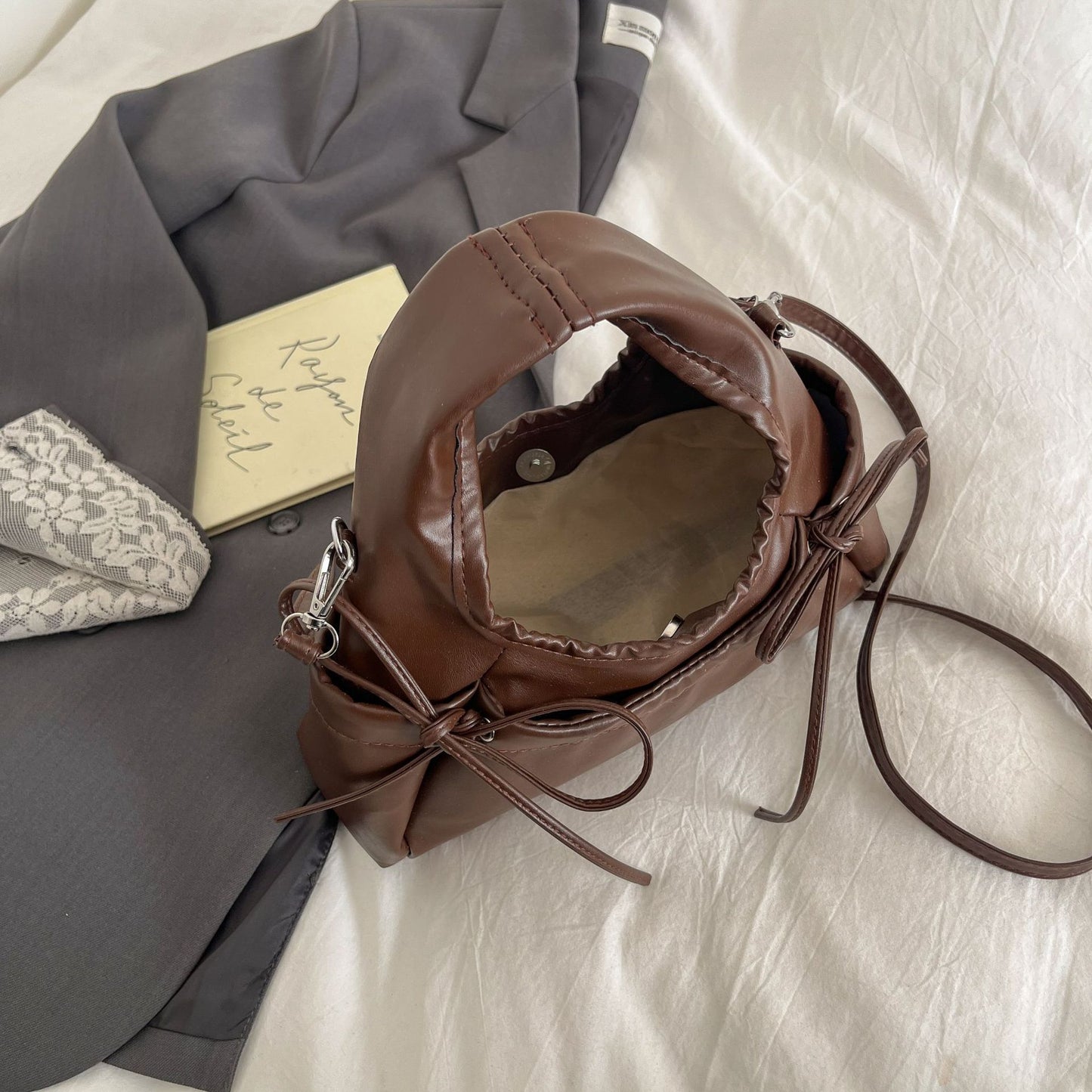 Korean Fashion Women's Mini Moon Bag with Bow Detail, Soft PU Crossbody Shoulder Bag for Daily Street Style