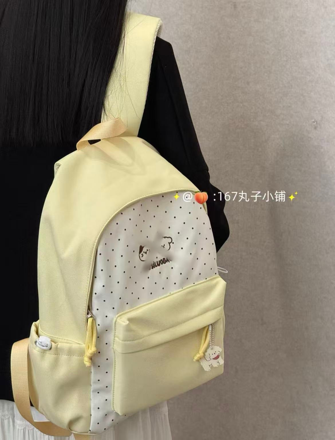 Cute Polka Dot Backpack with Embroidery Design for Girls, Fashionable and Durable School Bag with Front Pocket and Charm