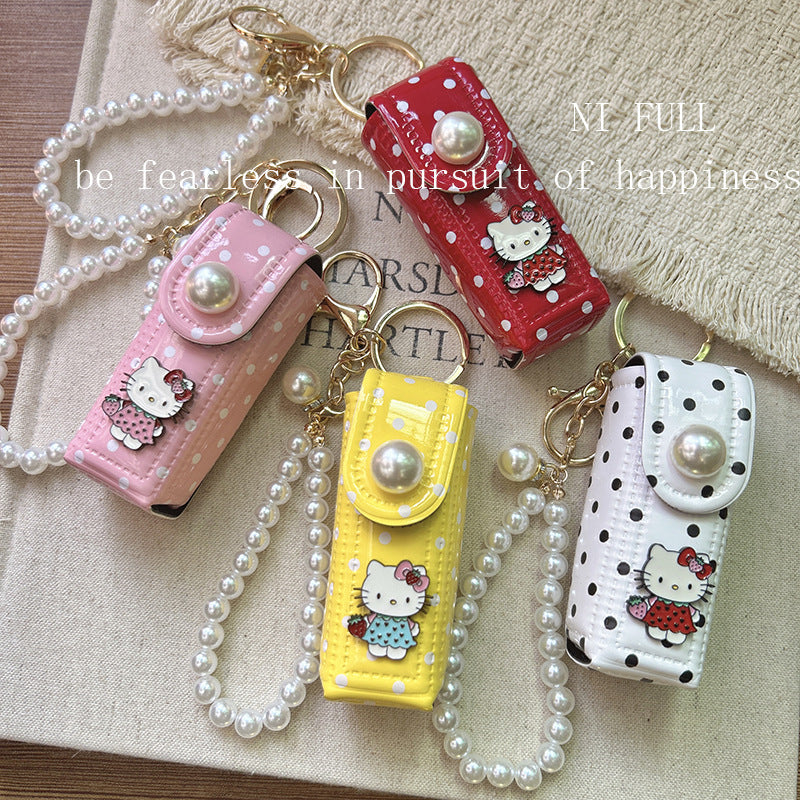 Korean Style New Retro Dots Cartoon Cat Lipstick Pack Pearl Exquisite High Sense Versatile Pendant Keychain for Women