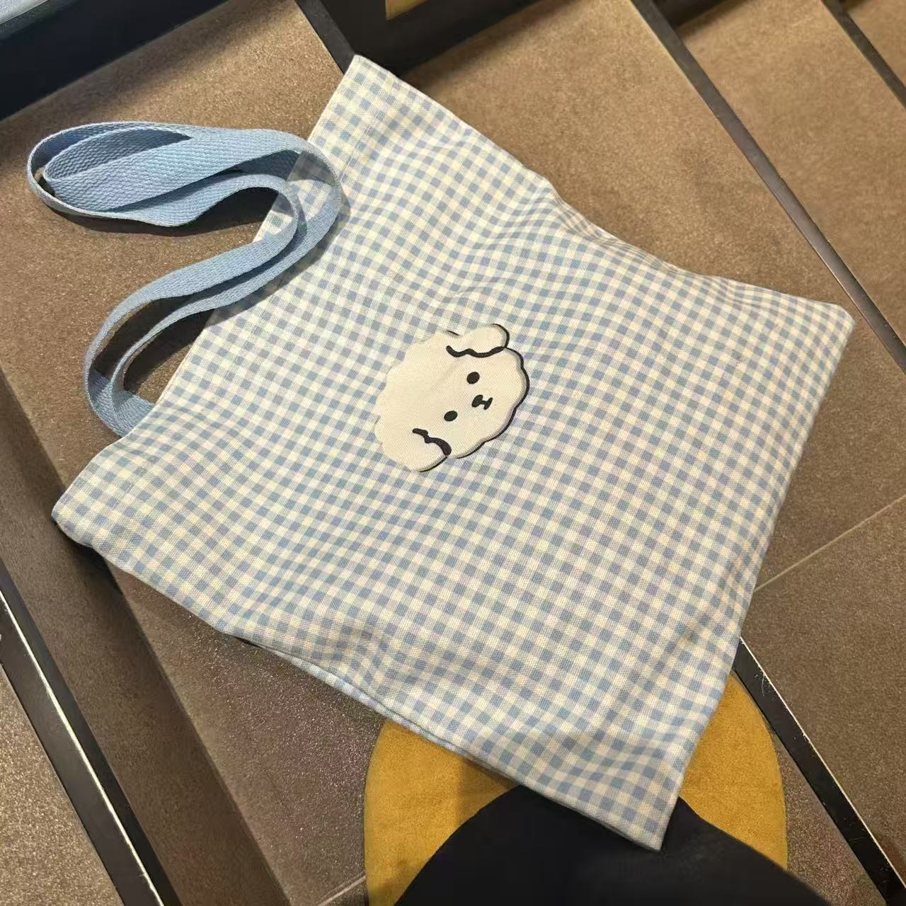 Cute Dog Face Checkered Canvas Tote Bag for Students and Daily Use