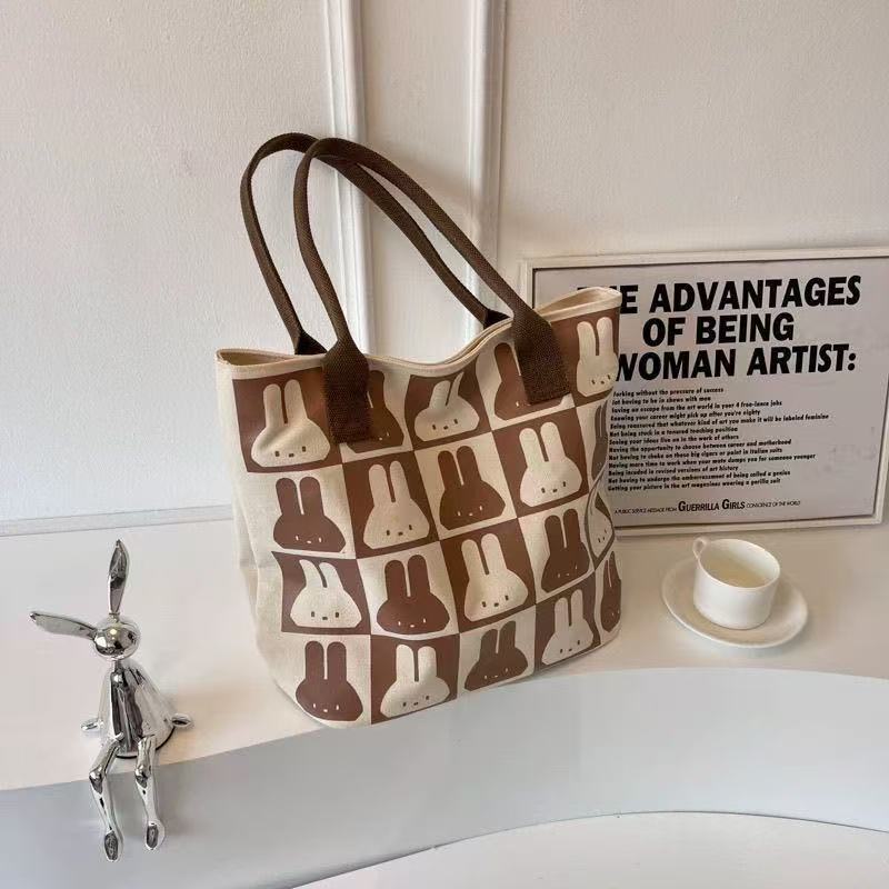 Large Capacity Rabbit Print Canvas Tote Bag for Women, Stylish Summer Shoulder Bag with Phone Pocket, Perfect for School and Commuting