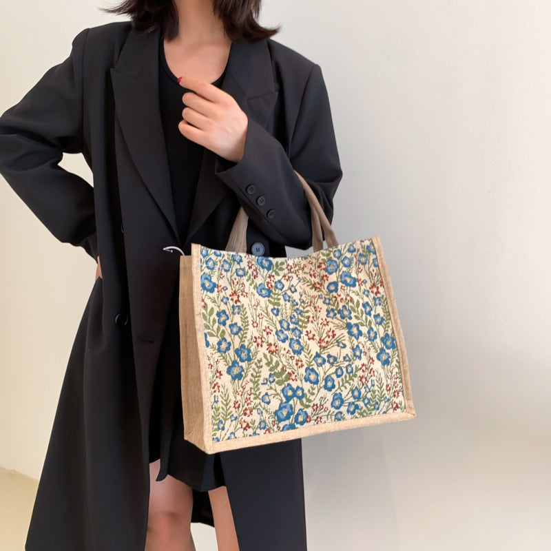 Chic Floral Tote Bag for Women - Soft Cotton Linen Material, Vintage Style with Magnetic Closure and Inner Zip Pocket