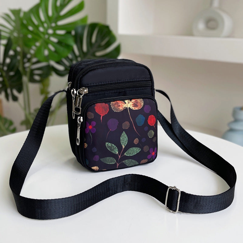 Mini Crossbody Bag with Elephant Print for Women, Lightweight Nylon Phone Pouch with Multiple Pockets and Adjustable Strap