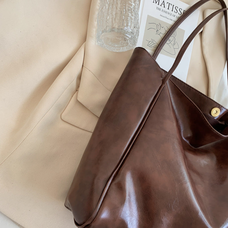 Tote Bag Women's Bag New Japanese and Korean Large Capacity Soft Leather One Shoulder Retro Casual Portable Bucket Bag
