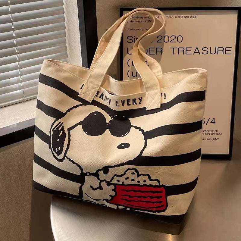 Cute Cartoon Print Canvas Tote Bag for Women, Casual Large Capacity Shoulder Bag with Fashionable Design and Soft Texture
