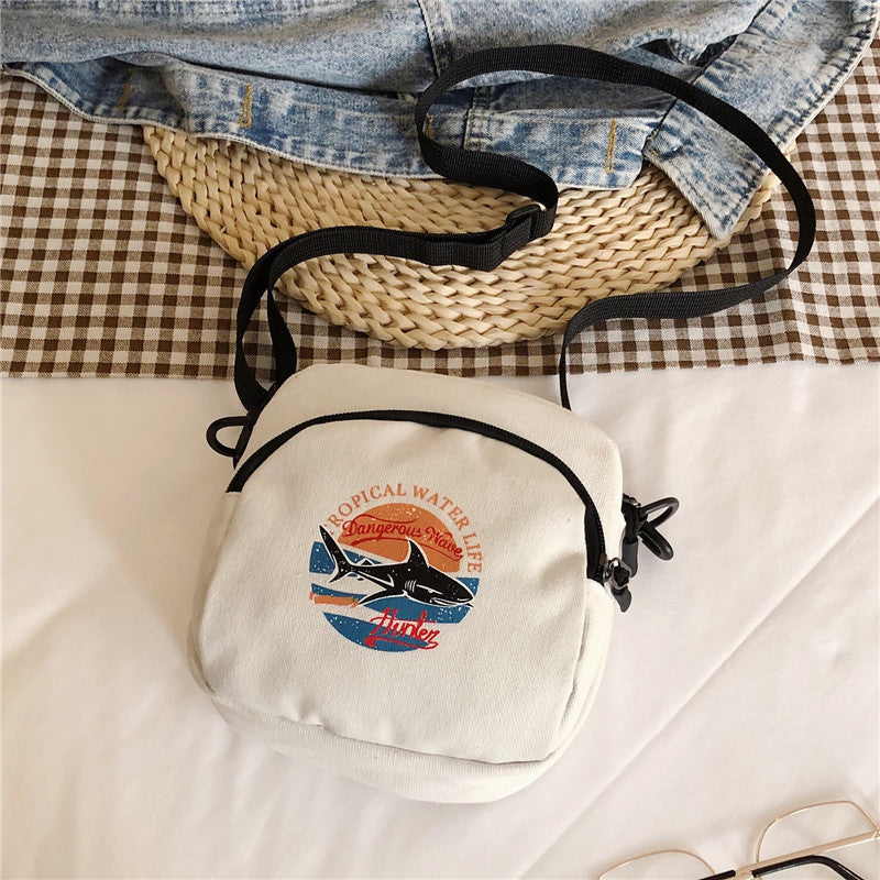 Korean Style Casual Crossbody Bag for Women with Shark Print, Soft Canvas Mini Square Bag with Zipper Closure, Perfect for Students and Daily Use
