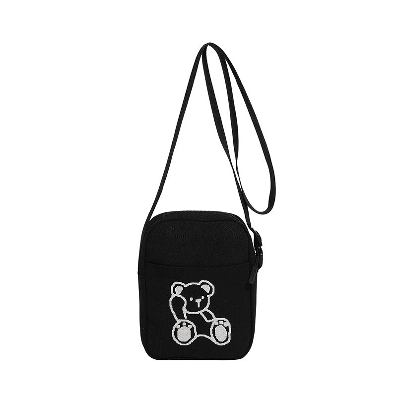 Cute Bear Embroidery Canvas Bag Women's New Shoulder Messenger Bag Versatile Student Phone Bag