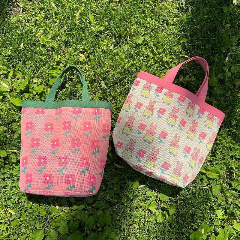New Korean Style Fresh Floral Fashion Mesh Bag Portable Storage Cute Flower Picnic Bag