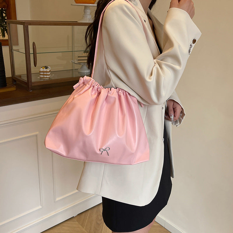 2025 New Fashion Drawstring Bucket Tote Bag for Women, Large Capacity Casual Shoulder Bag with Elegant Bow Design