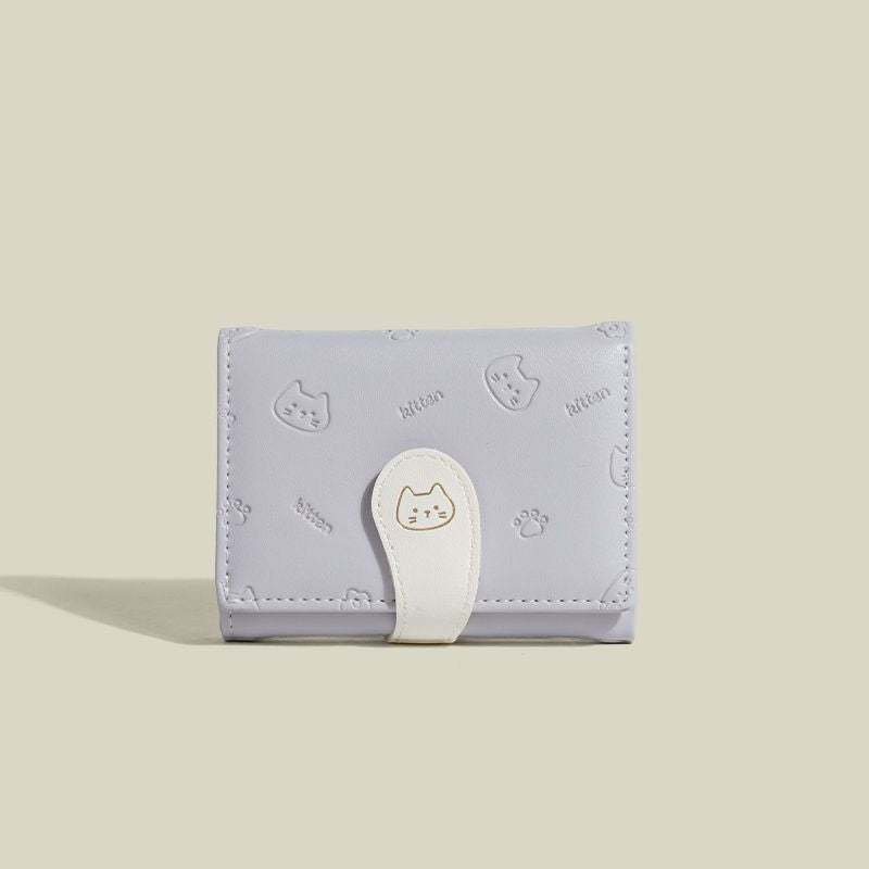 Cat Tail Cute Ladies Card Holder Fashion Buckle Cartoon Printed Pu Short Tri-Fold Coin Purse Wallet