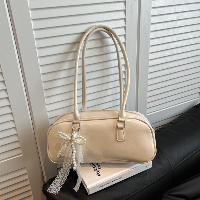 Elegant Pearl Lace Decorated PU Tote Bag with Large Capacity and Zipper Closure for Daily Use