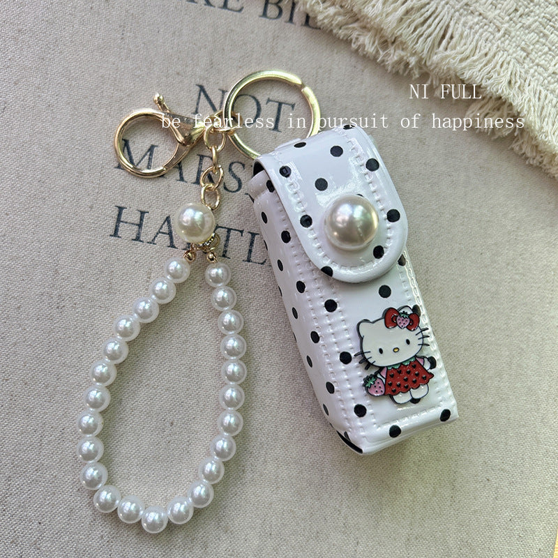 Korean Style New Retro Dots Cartoon Cat Lipstick Pack Pearl Exquisite High Sense Versatile Pendant Keychain for Women
