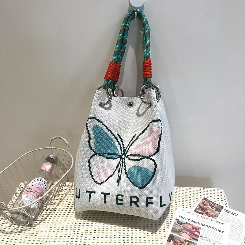 Black and White Rhombus Knitted Tote Bag Women's Casual Versatile Large Capacity Messenger Bag Handbag