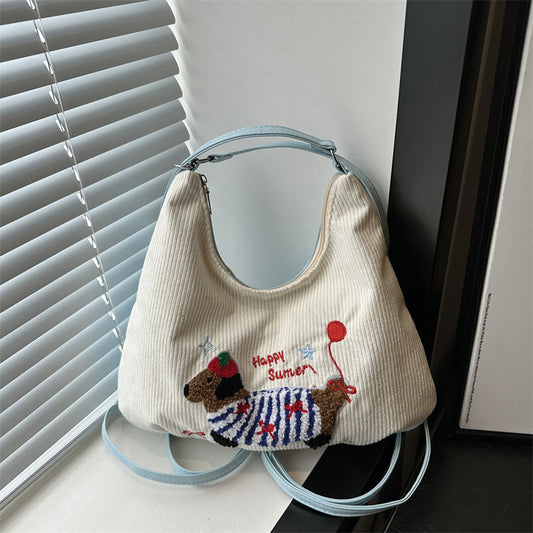 Women's Backpack Sausage Dog New Trendy Korean Large Capacity Corduroy Preppy Style Tote Bag