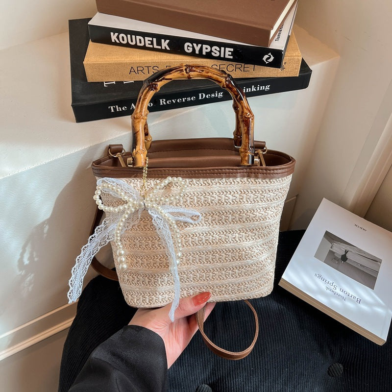 Summer New Fashion Bamboo Handle Woven Bucket Bag, Casual Minimalist Straw Handbag with Elegant Design