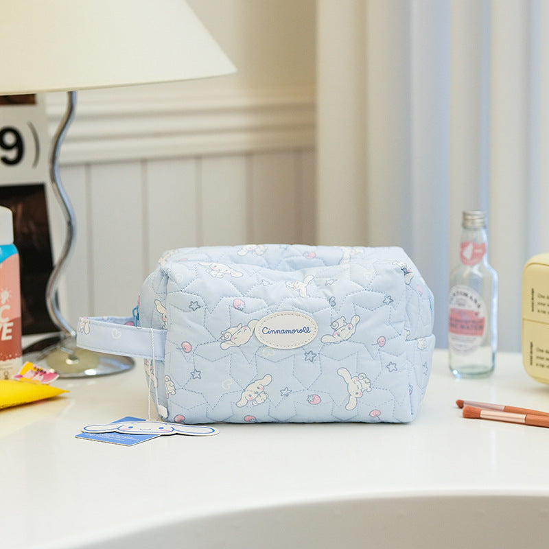 Cute Hello Kitty Quilted Cosmetic Bag with Cloud Design, Portable Travel Makeup Organizer for Women and Girls