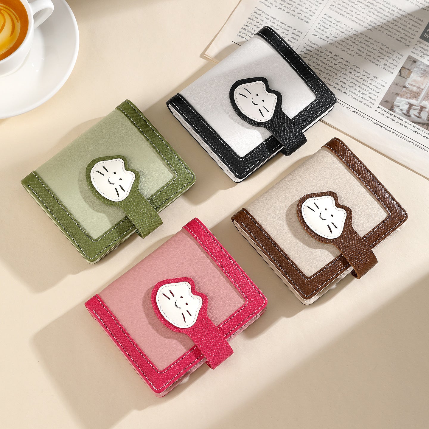 Multiple Card Slots Student Cute Cat Buckle Short Pu Wallet Simple Tri Fold Women's Wallet Wallet
