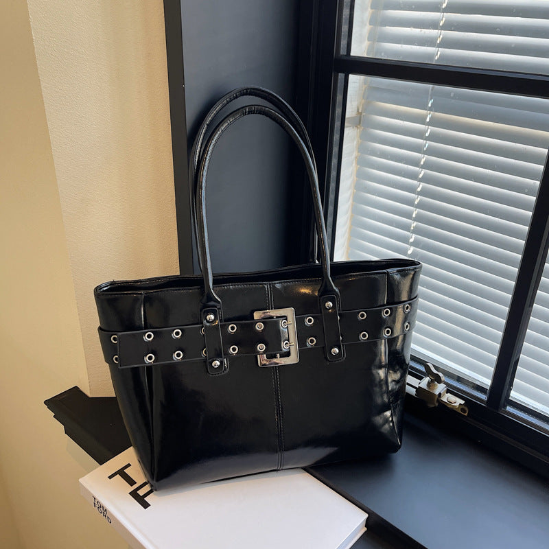 Tote Bag Women's Personality Belt Rivet Button Large Capacity Commuter Korean Style Fashion Simple Shoulder Underarm Handbag