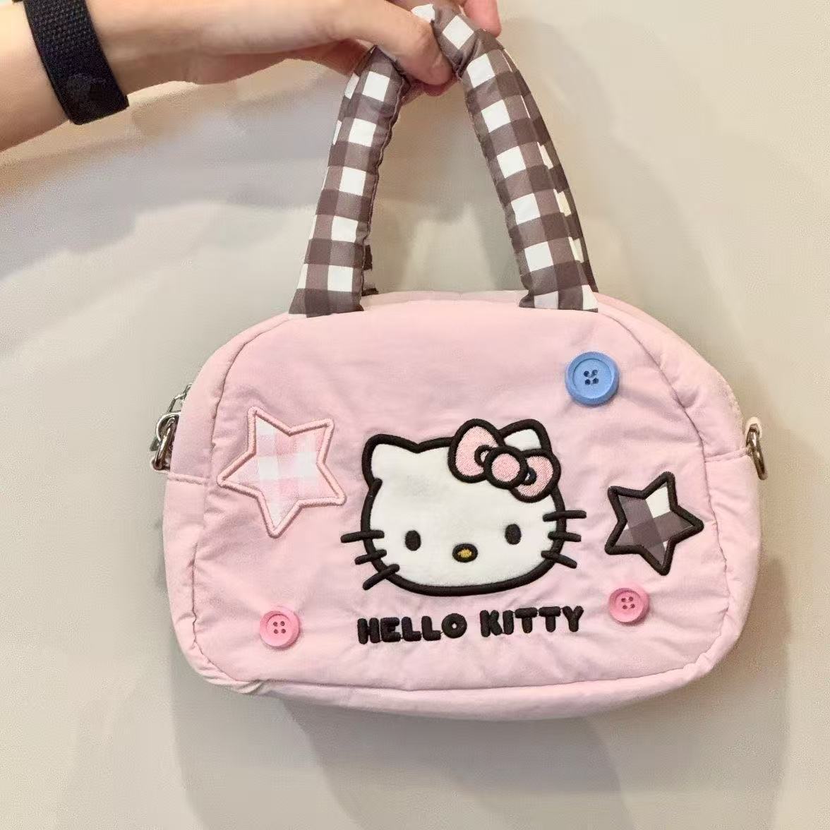 Cute Hello Kitty Quilted Crossbody Bag with Star Applique and Checkered Strap for Daily Use