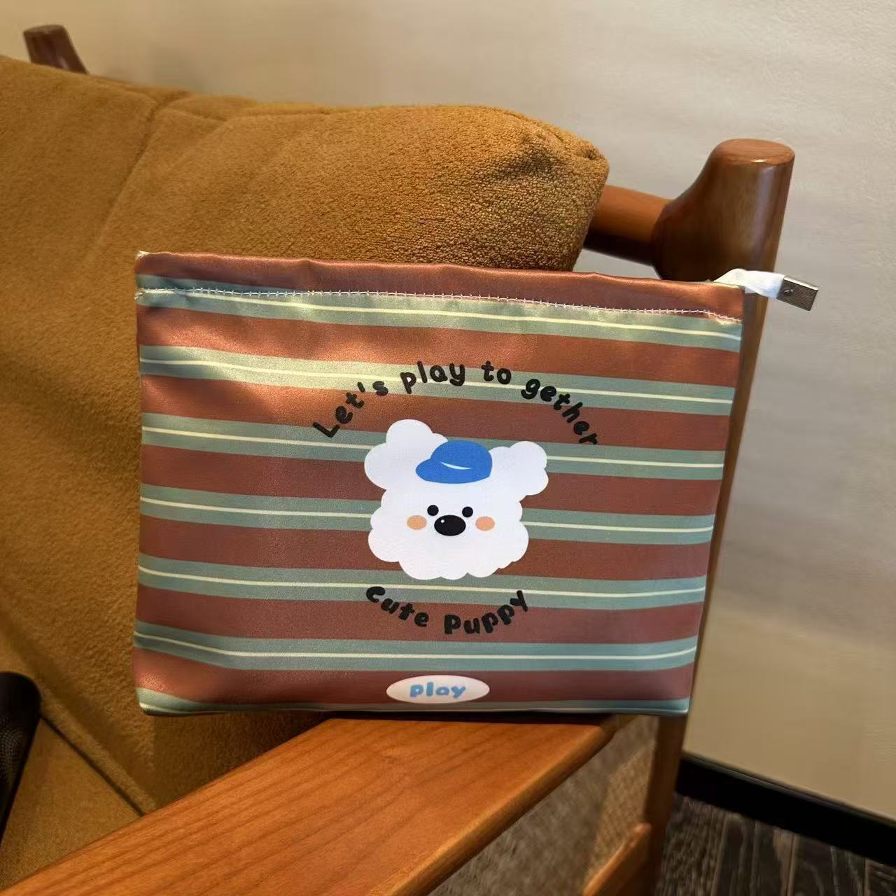 Cute Puppy Striped Make-Up Bag Zippered Large Capacity Travel Toiletry Bag